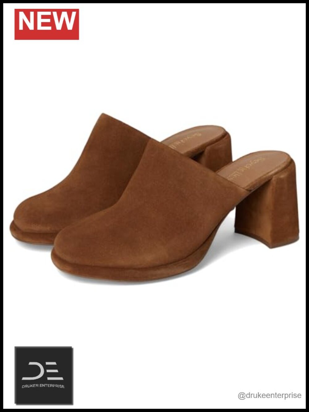 Suede Mule Slip-On Heels, Brown, Round Toe, 3.25" Heel
